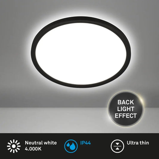 Lámpara de techo LED para baño, negra, 18 vatios, 2400 lm, 400 K, IP44, Ø 29 cm – Briloner